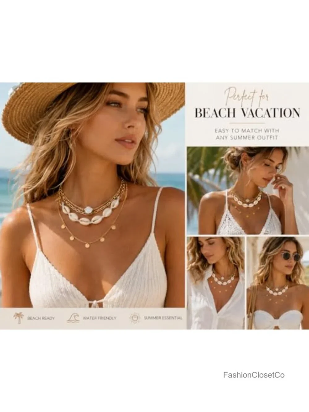 Layered Cowrie Shell Necklace Set Gold Tone Boho Choker Adjustable Summer Beach